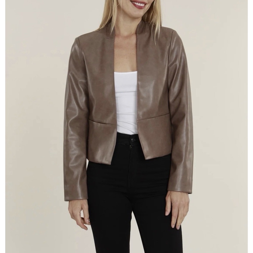 Dolce Cabo Faux Leather Shirt Jacket XL Tan Mocha Open Front Long Sleeve Blazer